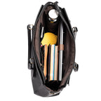 Spacious black oversized tote bag featuring compartments for a laptop, books, and other essentials, a fashionable large tote for laptops.