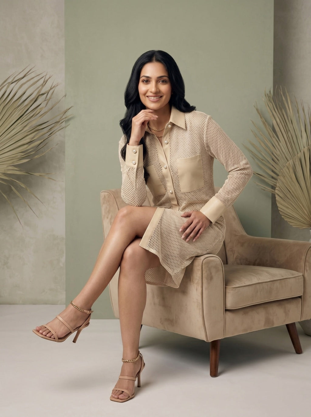 Women’s Beige Sheer Mesh Shirt Dress with Faux Leather Details