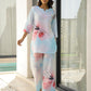 Floral cotton co ord set for women in light blue with pink floral prints, perfect for casual outings.