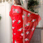Stylera floral designer chiffon saree in red with pink floral embroidery for elegant occasions