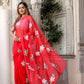 Stylera floral designer chiffon saree in vibrant red with elegant floral embroidery