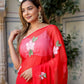 Elegant floral designer chiffon saree in vibrant red with floral embellishments perfect for festive occasions
