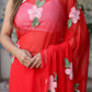 Floral designer chiffon saree in vibrant red with beautiful floral embroidery on the pallu