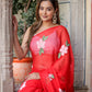 Stylera floral designer chiffon saree with vibrant red color and floral embroidery accents