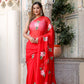 Elegant floral designer chiffon saree in red with beautiful floral patterns, perfect for festive occasions