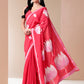Elegant floral designer mal mal saree in vibrant pink with lotus motifs for special occasions