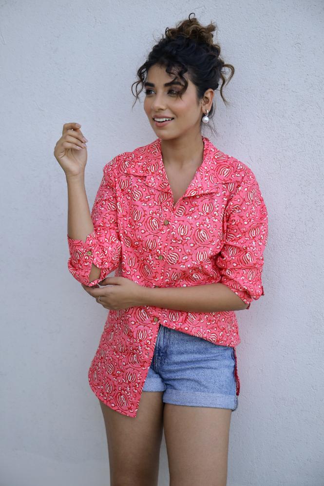 Stylera floral print casual shirt for women in vibrant pink with a relaxed fit and rolled sleeves
