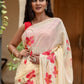 Elegant floral print cream saree with vibrant pink flowers, perfect for festive occasions