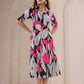 Stylera floral print midi dress featuring a vibrant design with a collared neckline and short sleeves