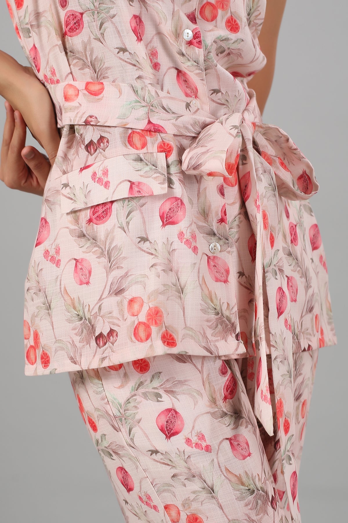 Floral printed two piece set for women featuring a stylish button-up top and matching pants