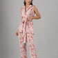 Floral printed two piece set for women with a belted top and relaxed fit pants in soft colors