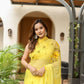 Yellow floral viscose chiffon saree with mukaish work, elegant design for special occasions.