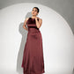 Elegant burgundy formal halter maxi gown for women with a sleek design and flattering silhouette