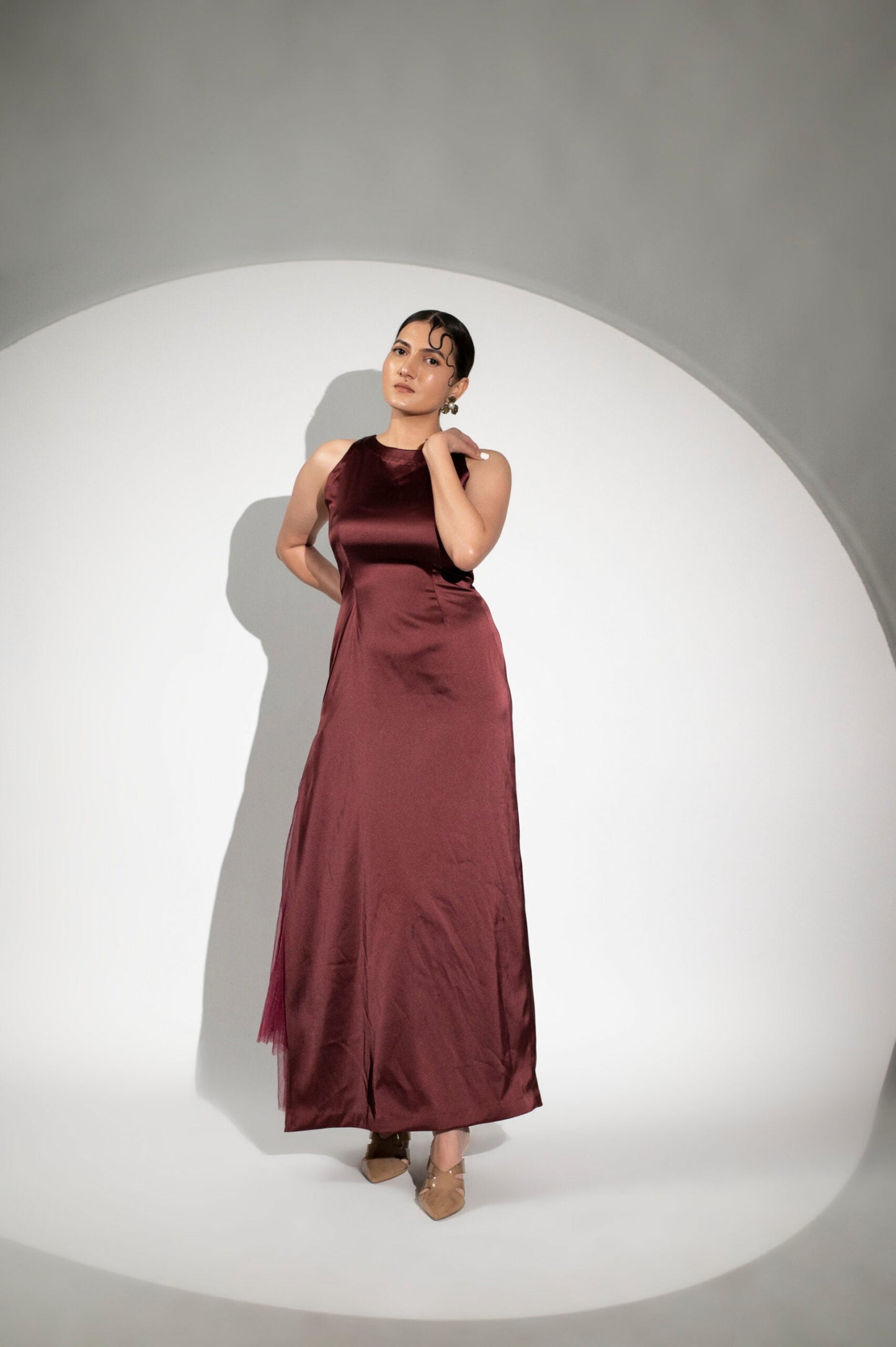 Elegant burgundy formal halter maxi gown for women with a sleek design and flattering silhouette