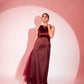 Elegant burgundy formal halter maxi gown for women with tulle overlay, perfect for special occasions.
