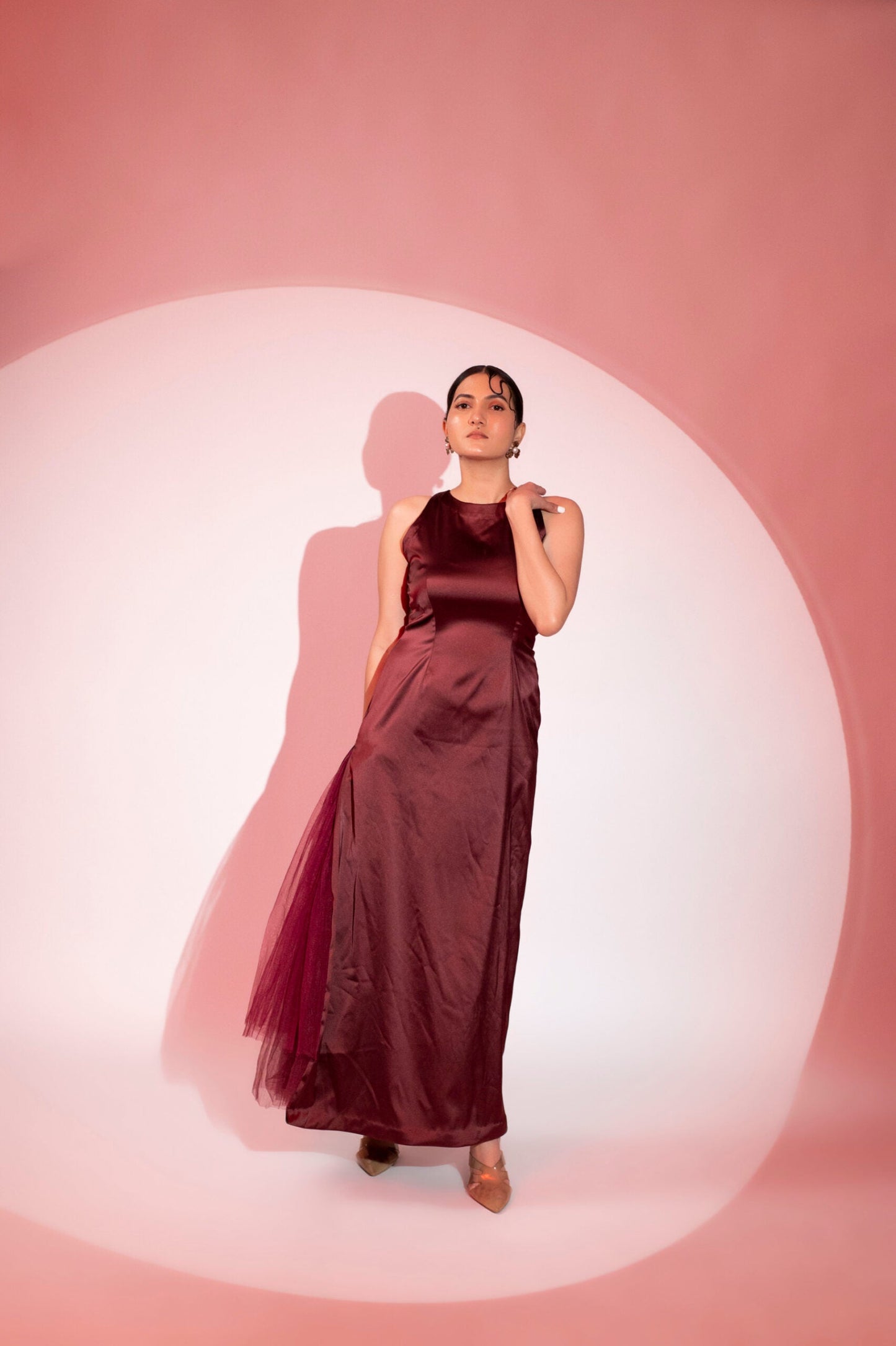 Elegant burgundy formal halter maxi gown for women with tulle overlay, perfect for special occasions.