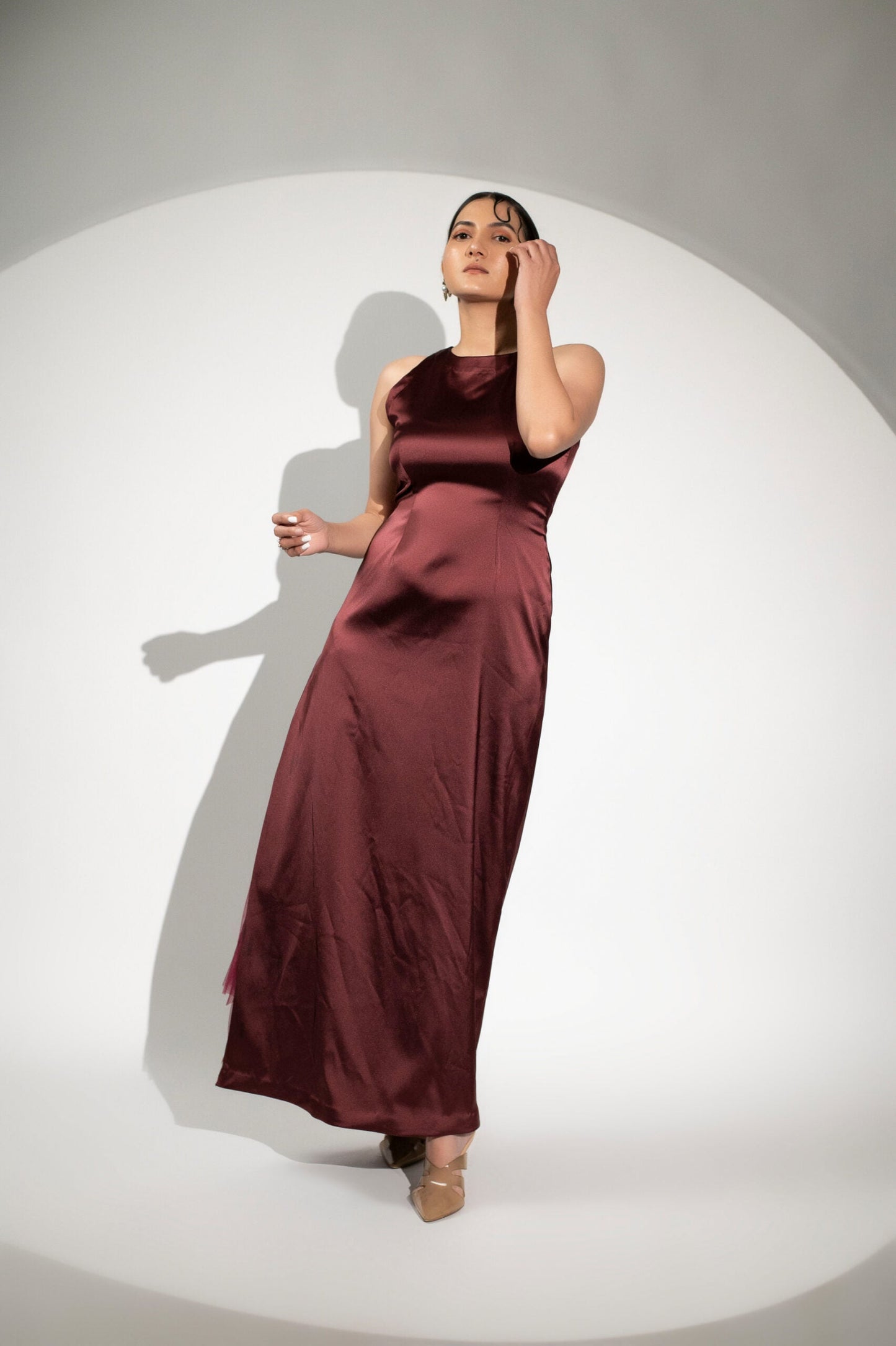 Elegant burgundy formal halter maxi gown for women with a sleek satin finish and flattering silhouette