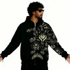 Fractured Pulse Printed Black Zipper Hoodie FLYAF