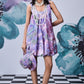 Stylera French lavender balloon dress sleeveless short floral watercolor print with matching hat