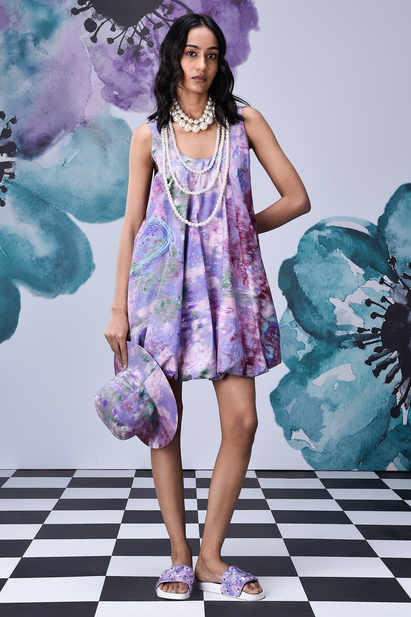 Stylera French lavender balloon dress sleeveless short floral watercolor print with matching hat