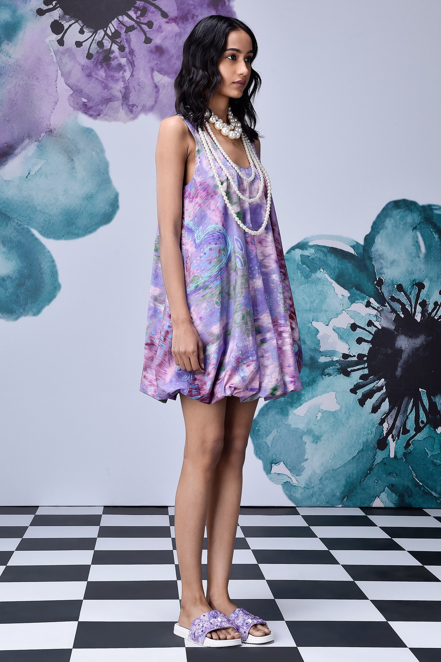 Stylera French lavender balloon dress sleeveless floral print with pearl necklaces and matching slippers