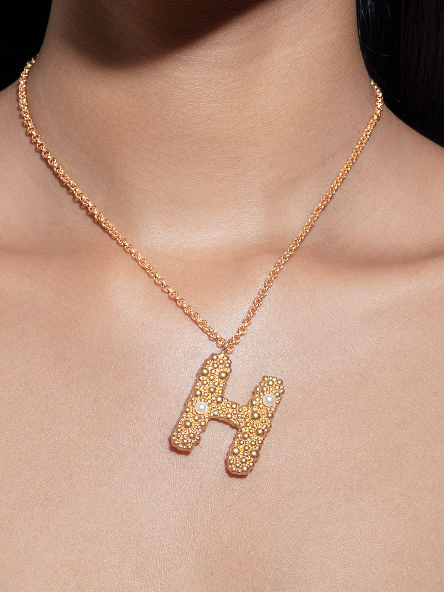 Stylera gold letter H necklace with pave crystal initial pendant on delicate gold chain