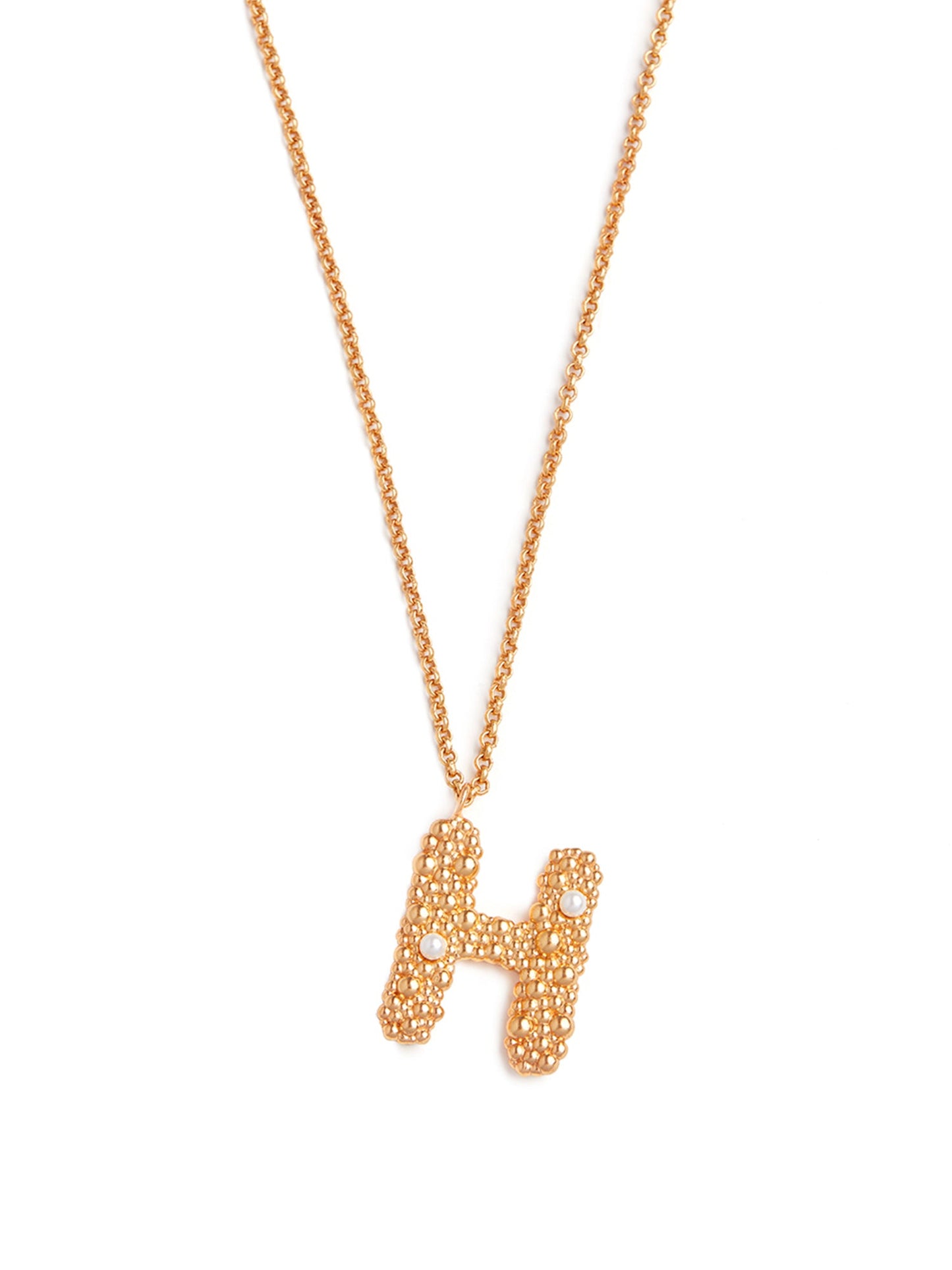 Stylera gold letter H necklace textured H pendant with pearl accents on delicate gold chain