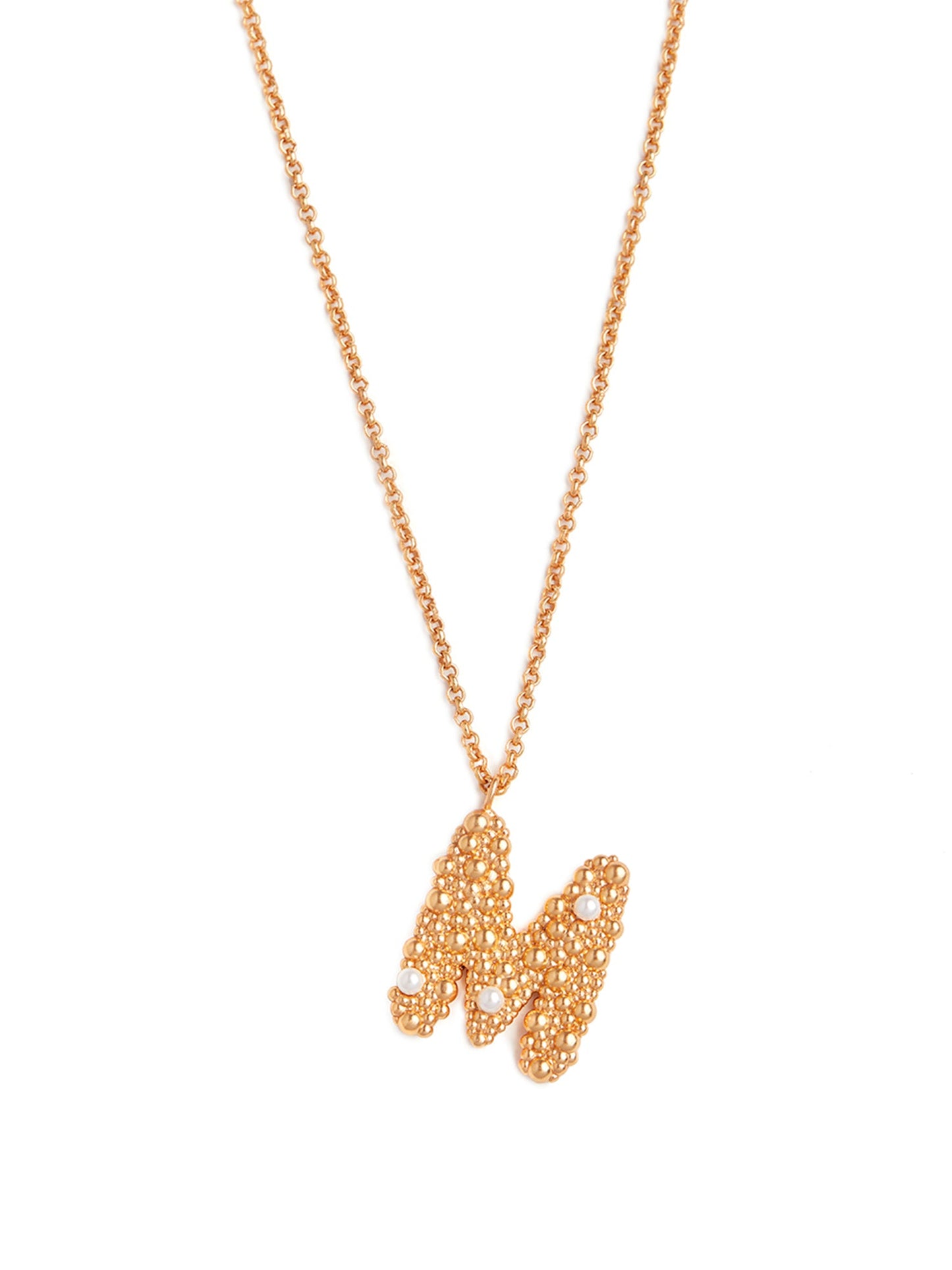 Stylera gold letter M necklace textured beaded pendant with three small pearls on delicate gold chain