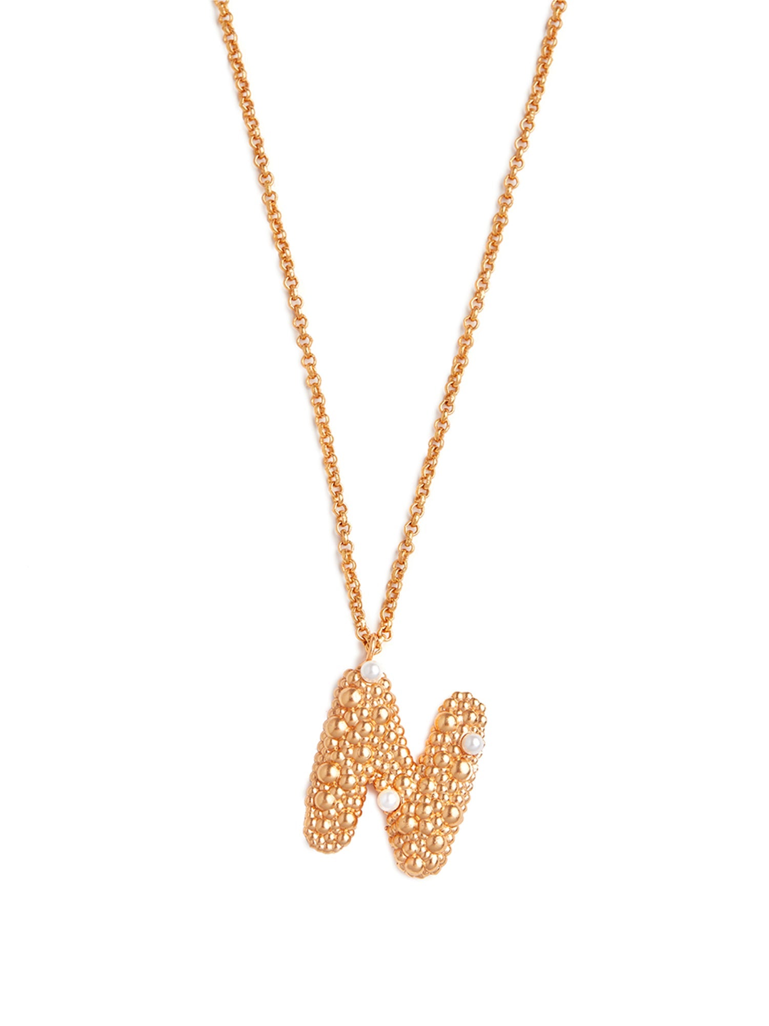 stylera gold letter N pendant necklace with textured filigree design and small crystal accents on gold chain