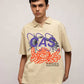 Stylera beige oversized graphic polo shirt for men with purple CAS and orange octopus print short sleeve