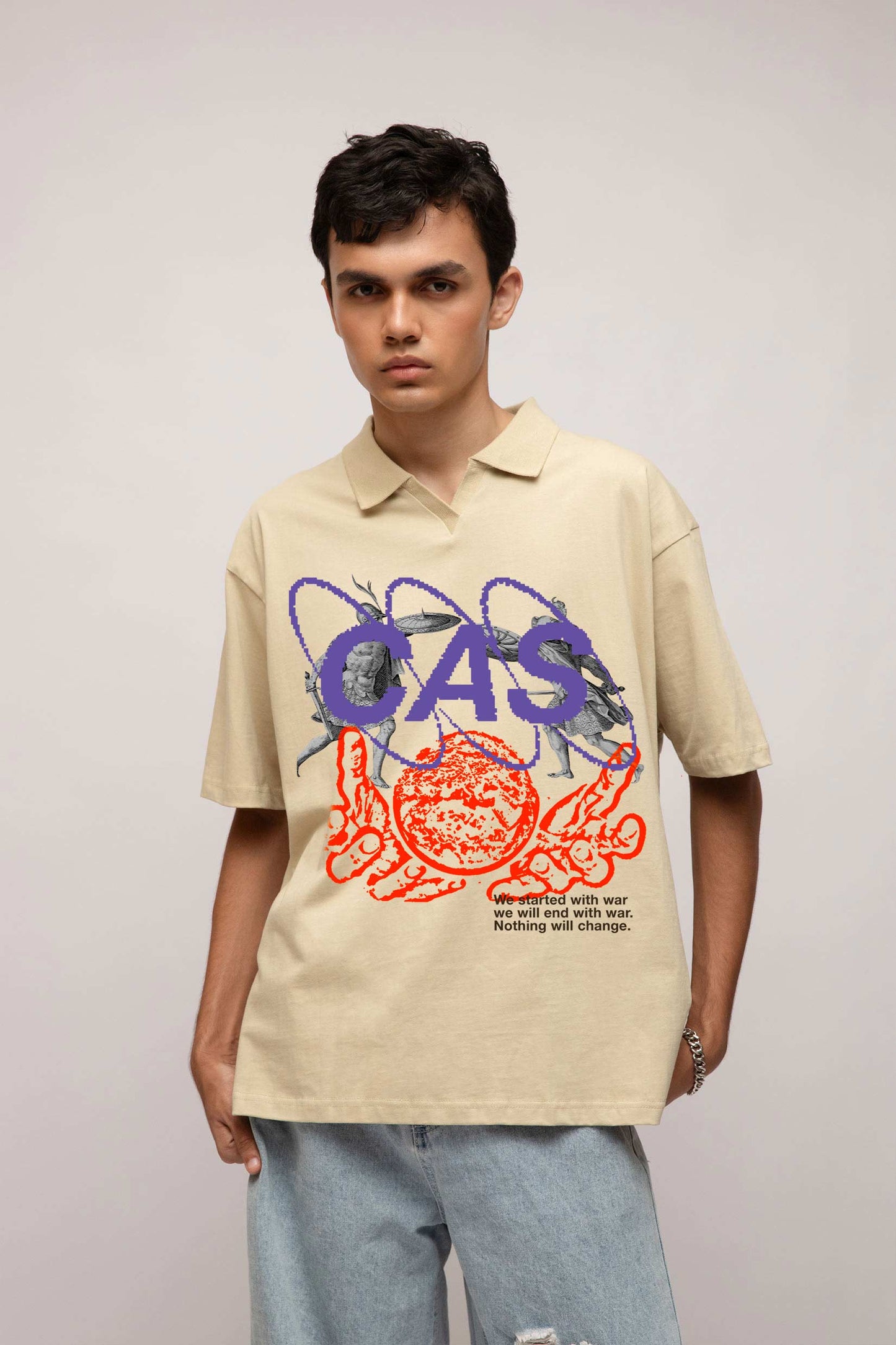 Stylera beige oversized graphic polo shirt for men with purple CAS and orange octopus print short sleeve