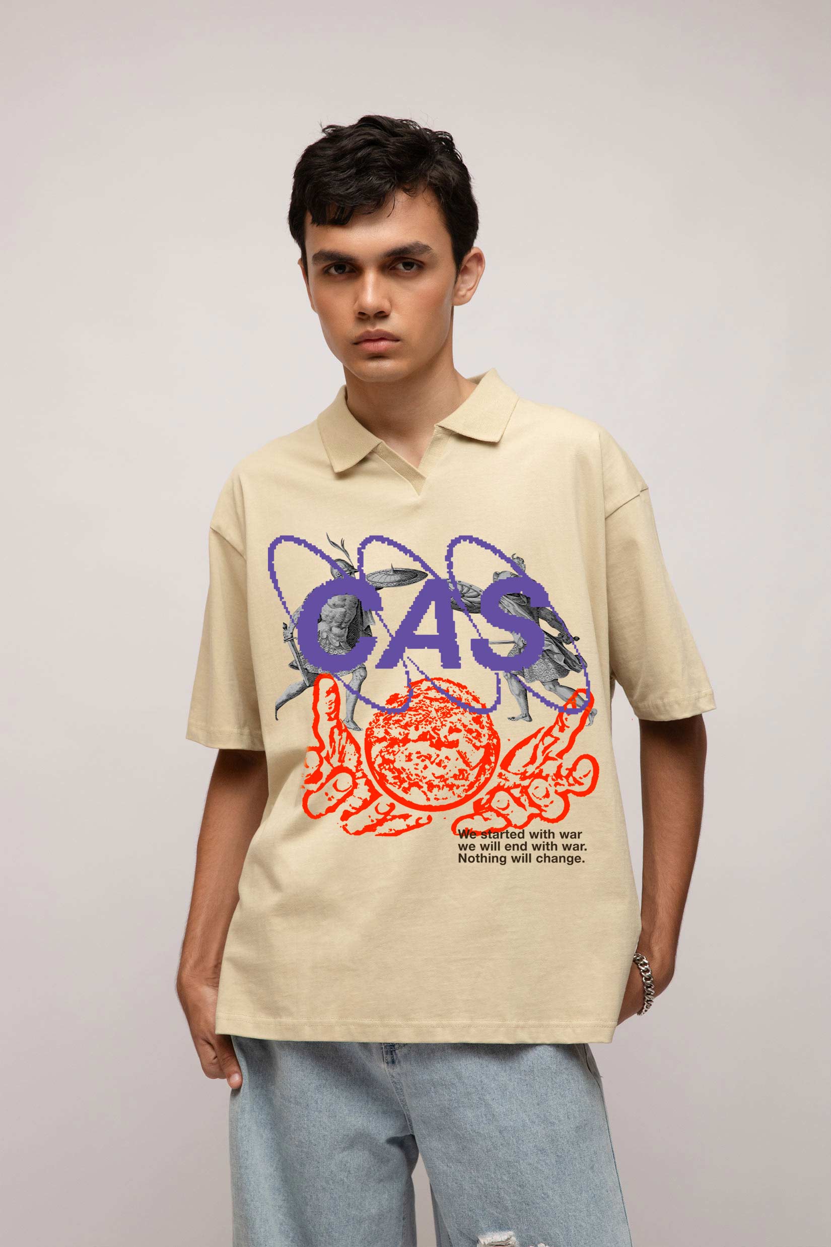 Stylera beige oversized graphic polo shirt for men with purple CAS and orange octopus print short sleeve