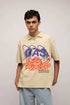Stylera beige oversized graphic polo shirt for men with purple CAS and orange octopus print short sleeve