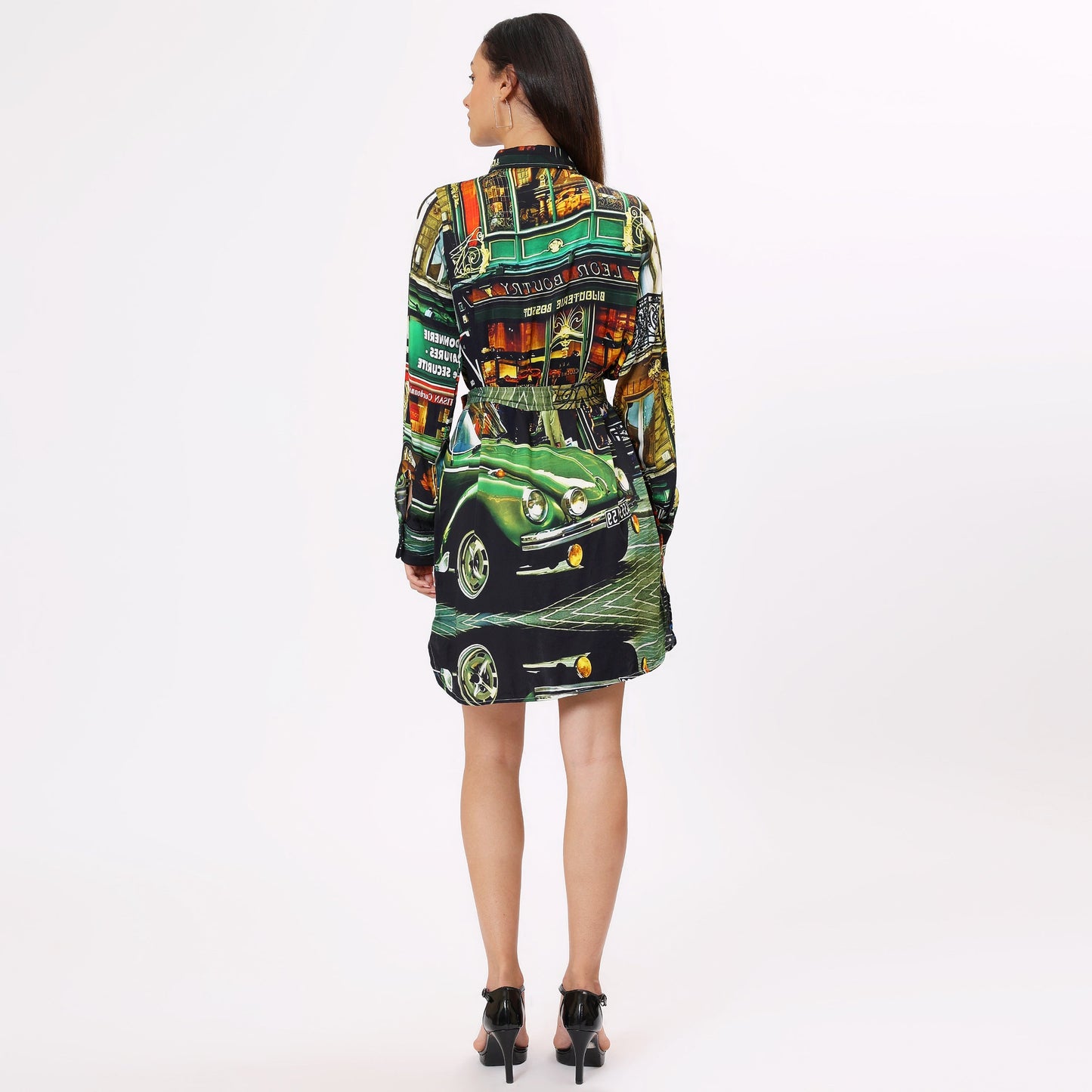 Stylera graphic print shirt dress for women featuring colorful urban designs and a stylish collar
