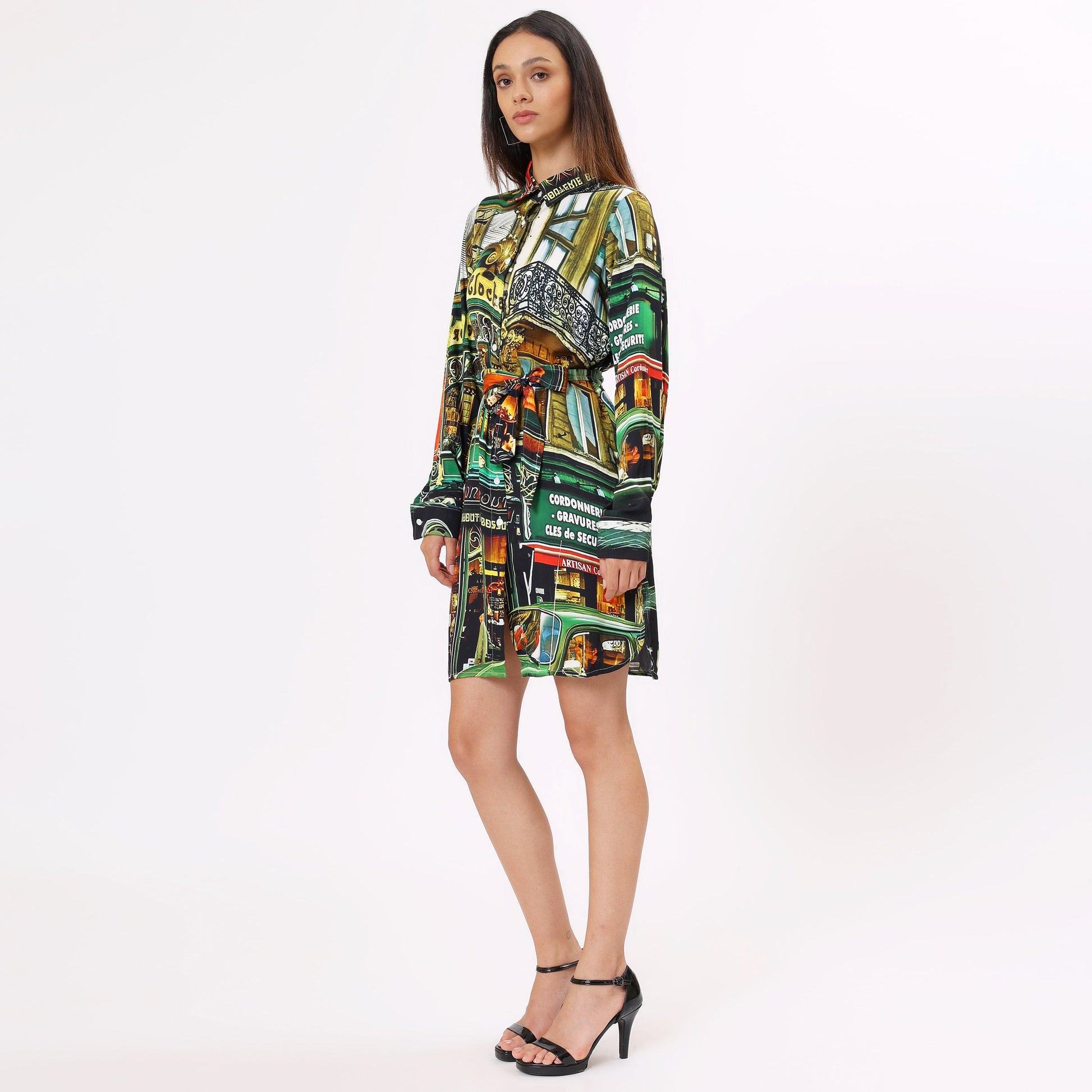 Stylera graphic print shirt dress for women featuring vibrant cityscape design and long sleeves