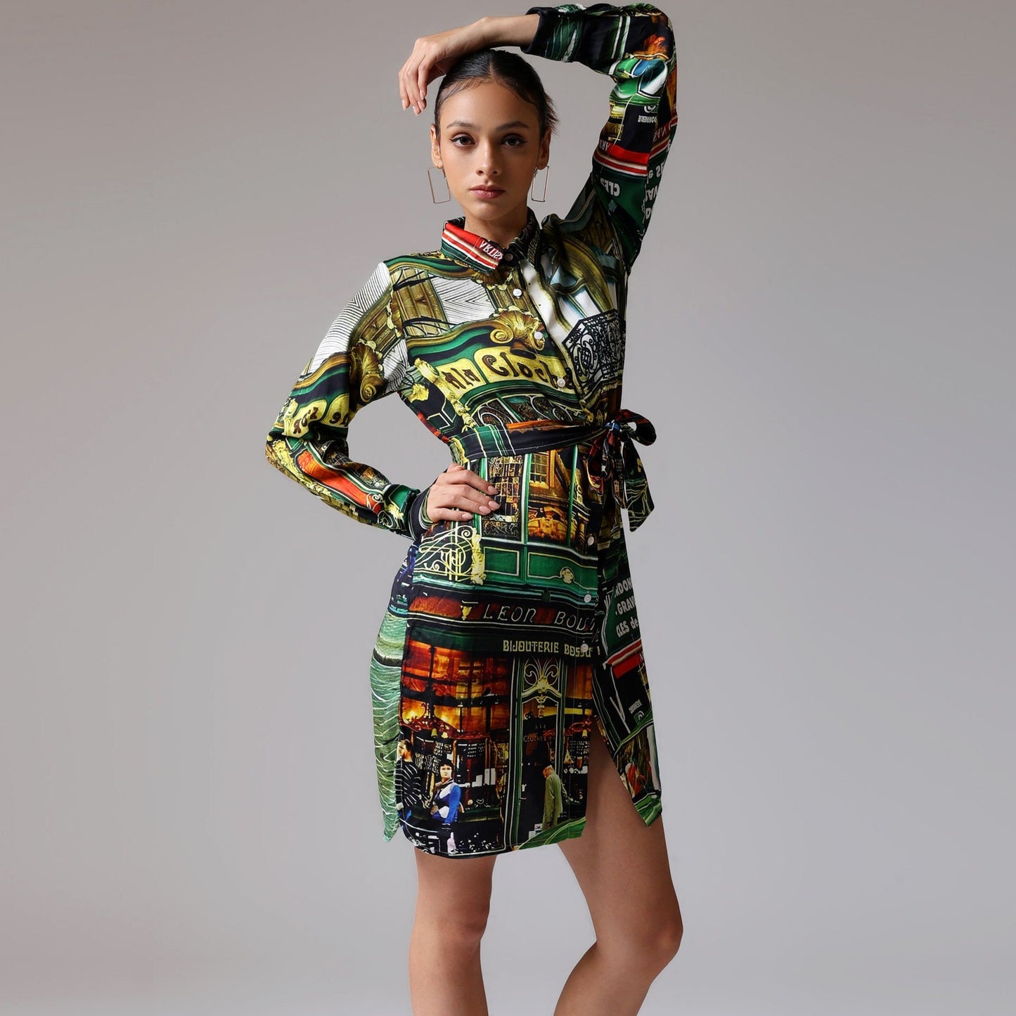 Stylera graphic print shirt dress for women featuring vibrant city designs and a belted waist