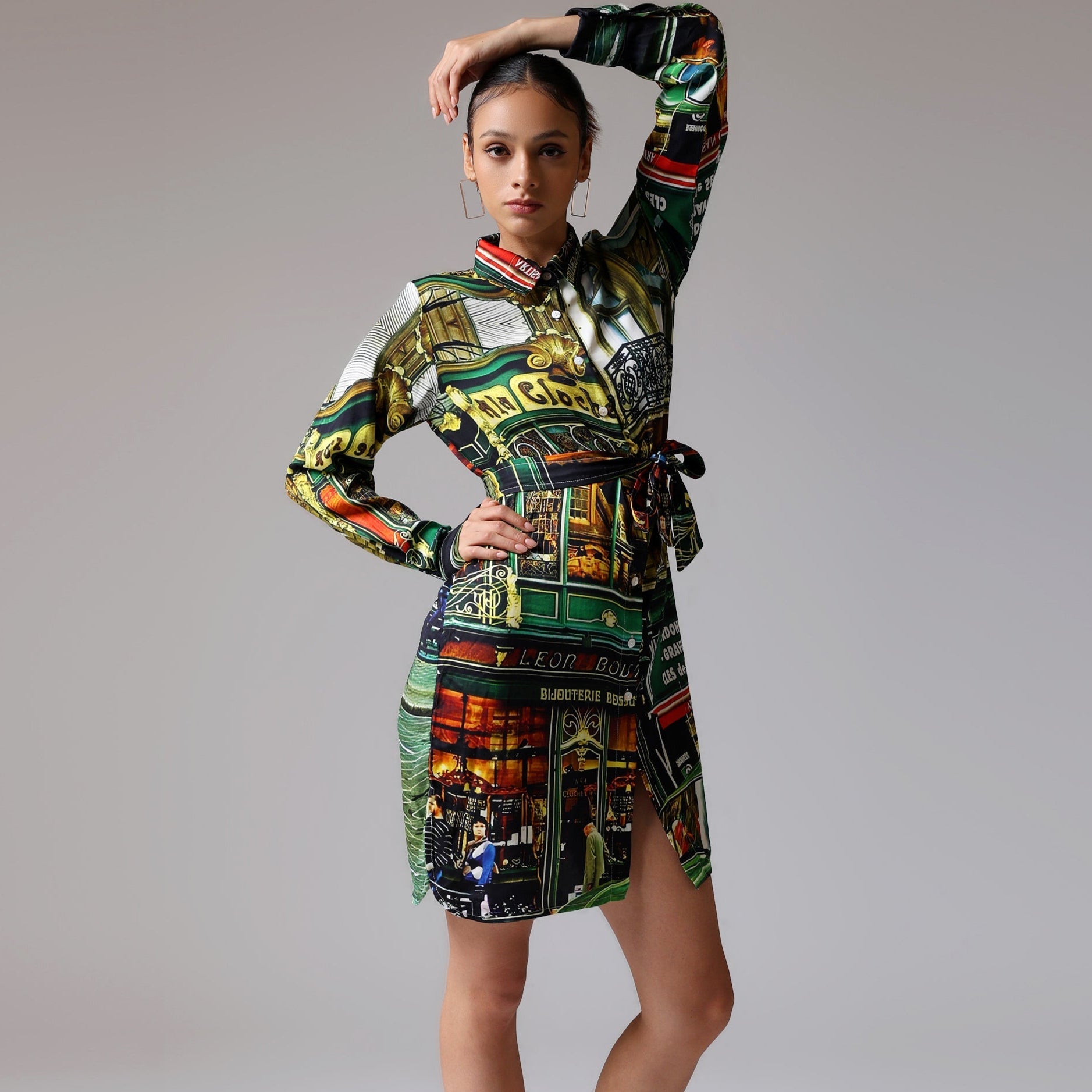Stylera graphic print shirt dress for women featuring vibrant city designs and a belted waist