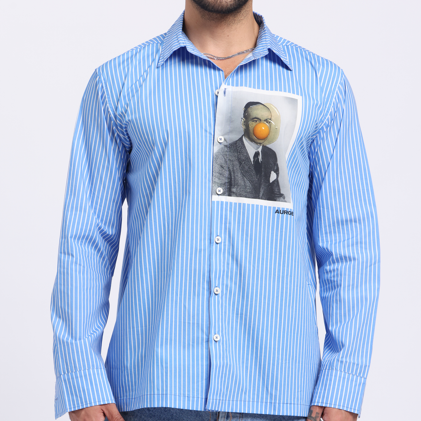 Stylera graphic striped casual shirt for men in blue with unique photo print design
