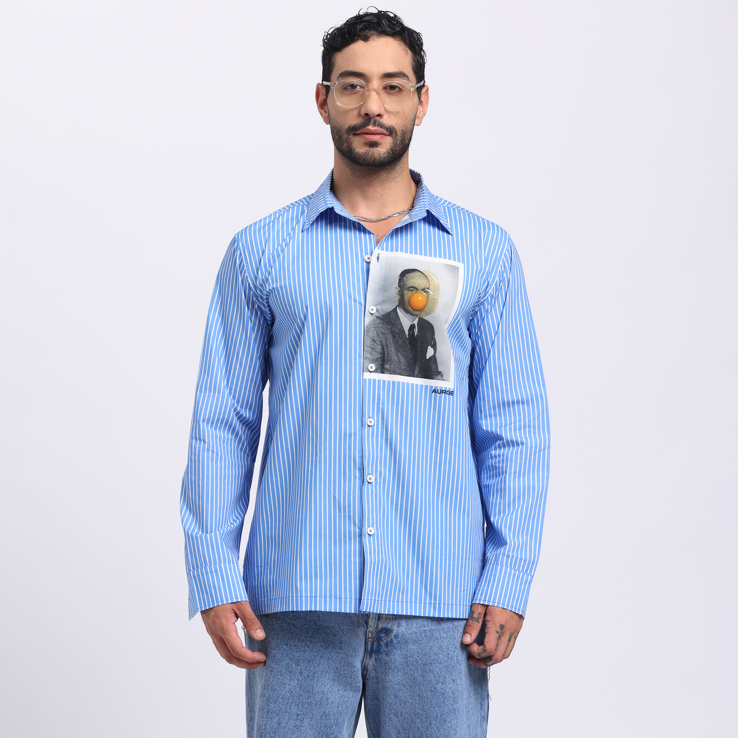 Stylera graphic striped casual shirt for men in blue featuring a unique photo print design