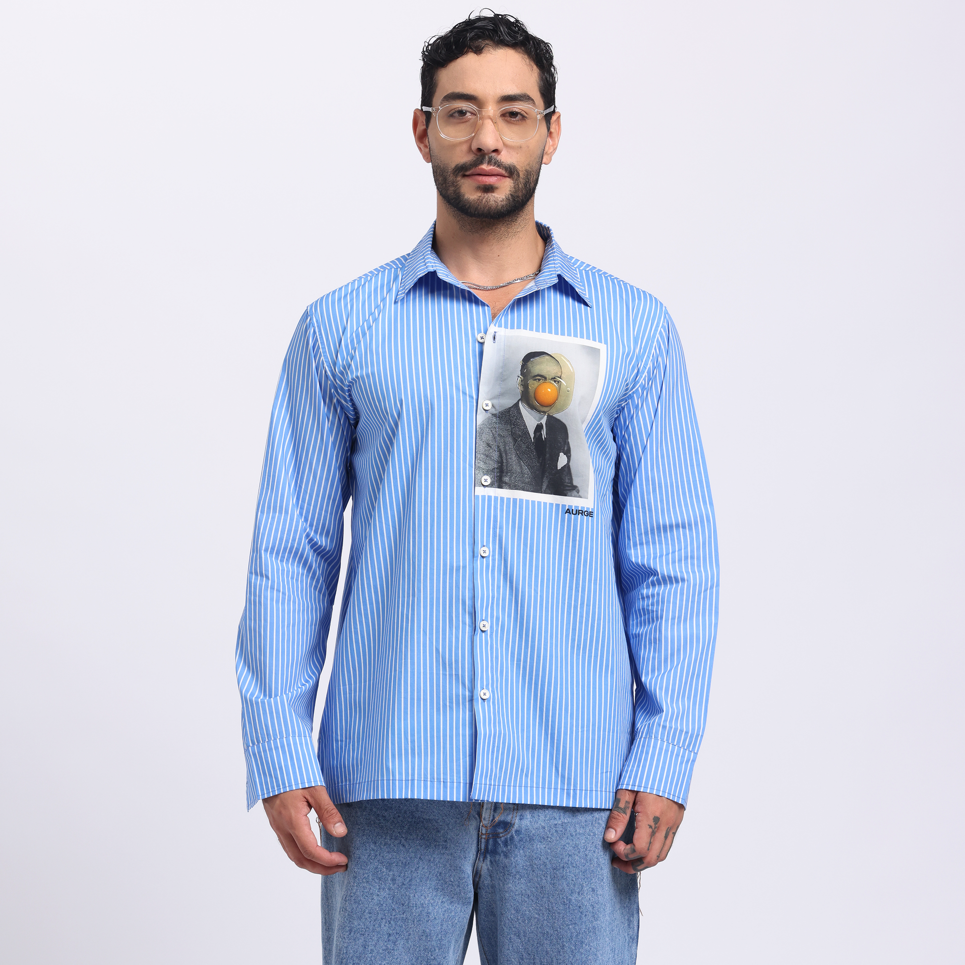 Stylera graphic striped casual shirt for men in blue featuring a unique photo print design