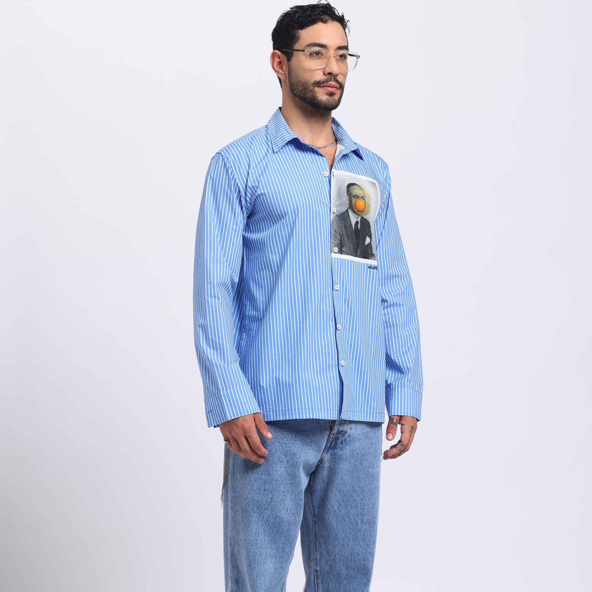 Stylera graphic striped casual shirt for men in blue with unique photo design on the chest