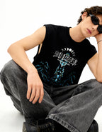 Person wearing a black t-shirt with a graphic design on a white background