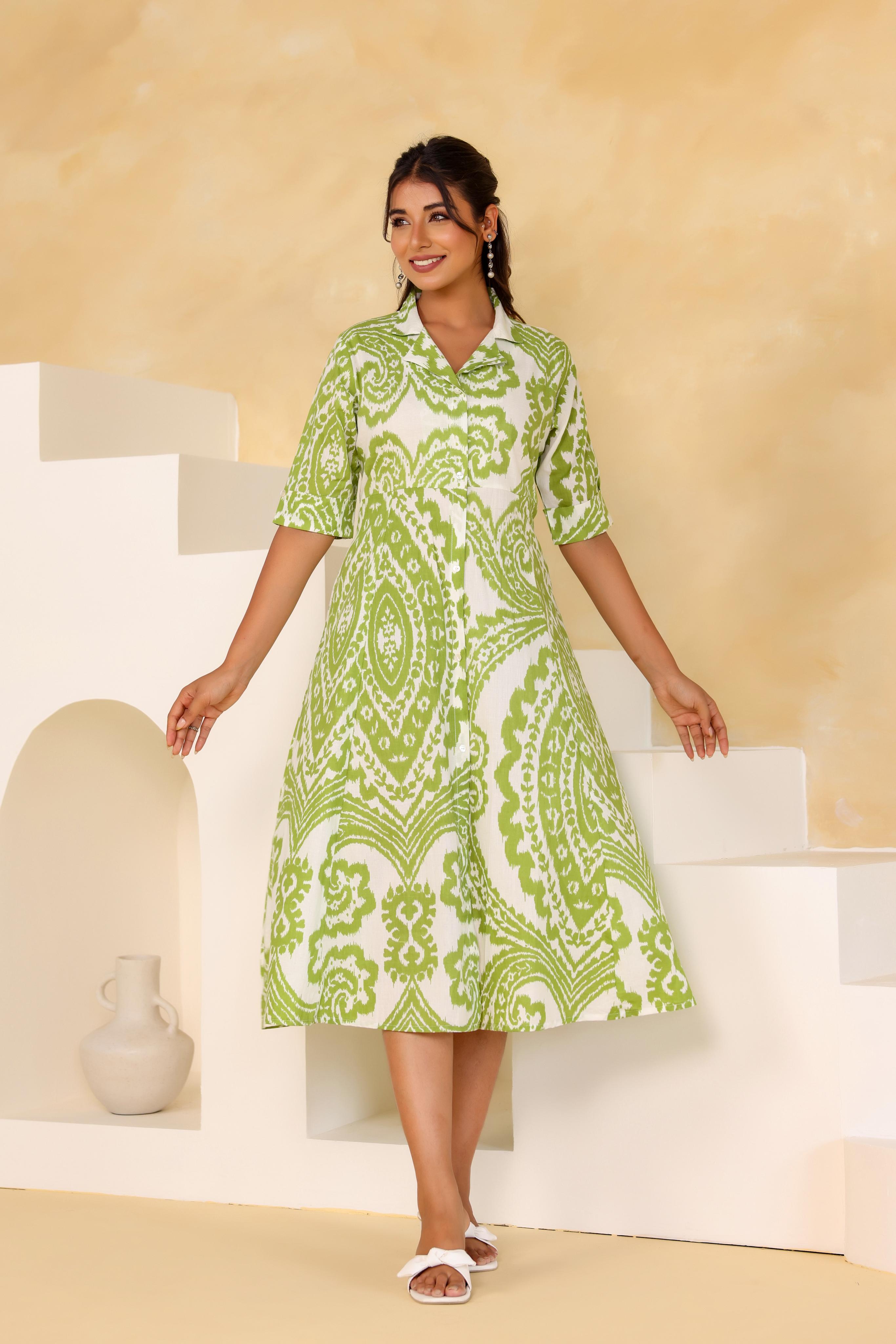 Stylera green boho summer dress with a stylish pattern and a flattering A-Line silhouette