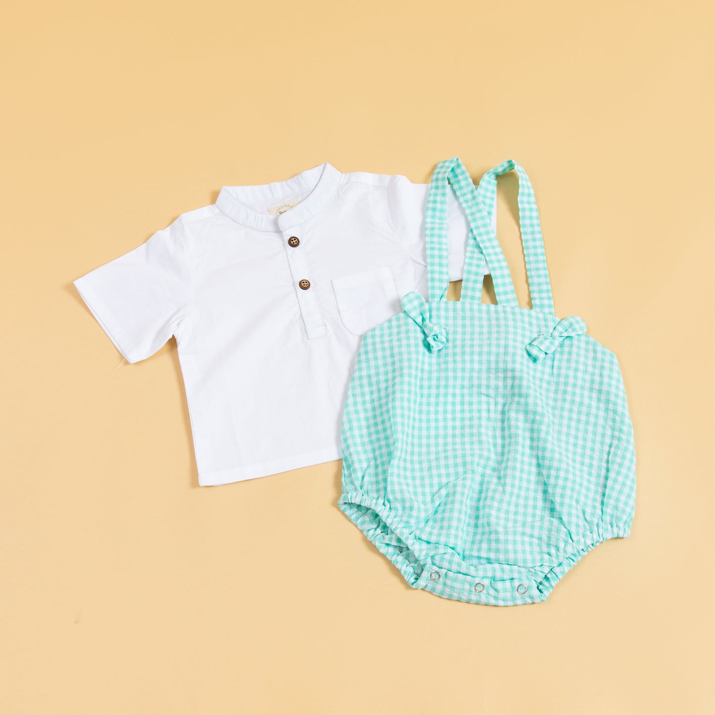 Stylera green gingham baby romper with white top and adjustable straps for infants