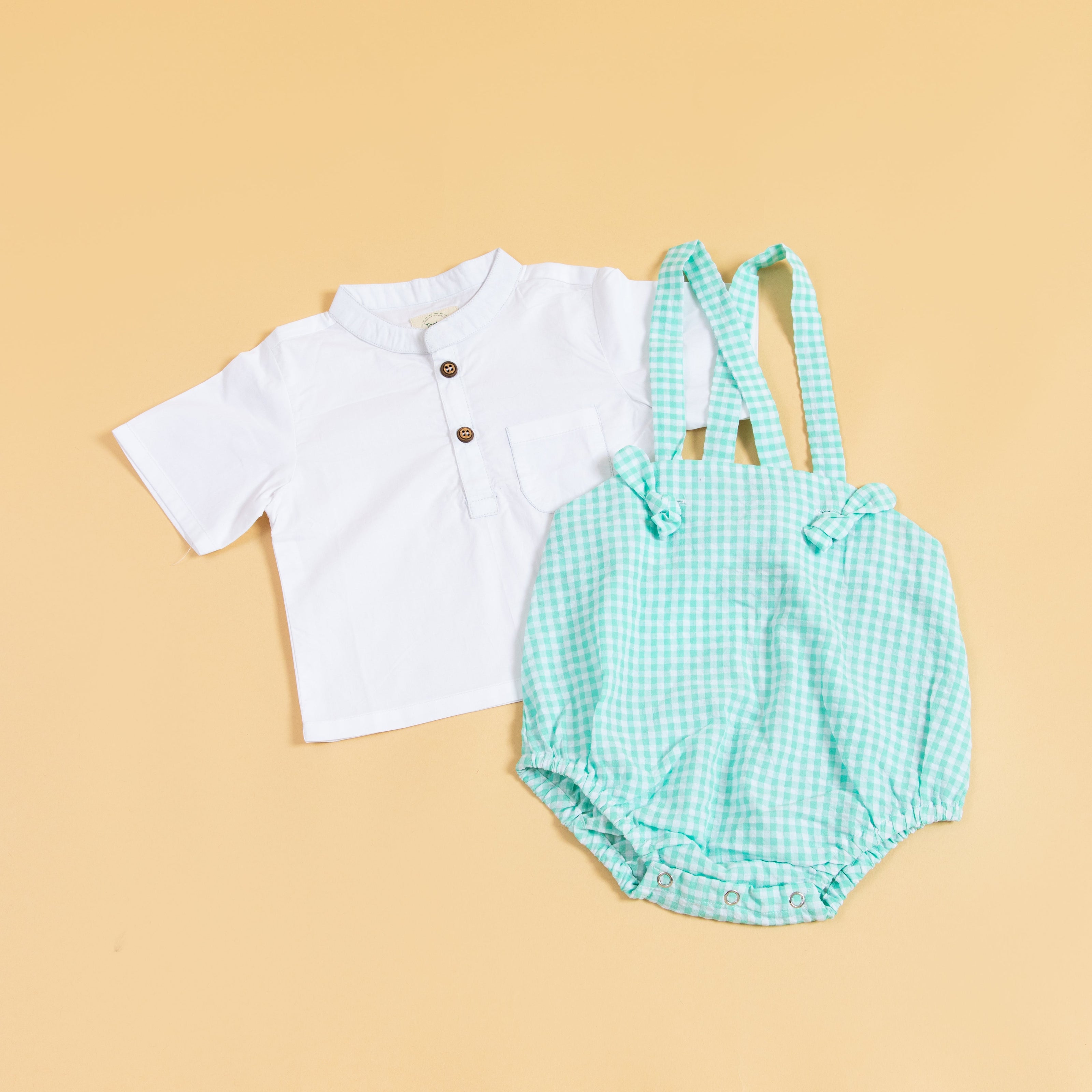 Stylera green gingham baby romper with white top and adjustable straps for infants