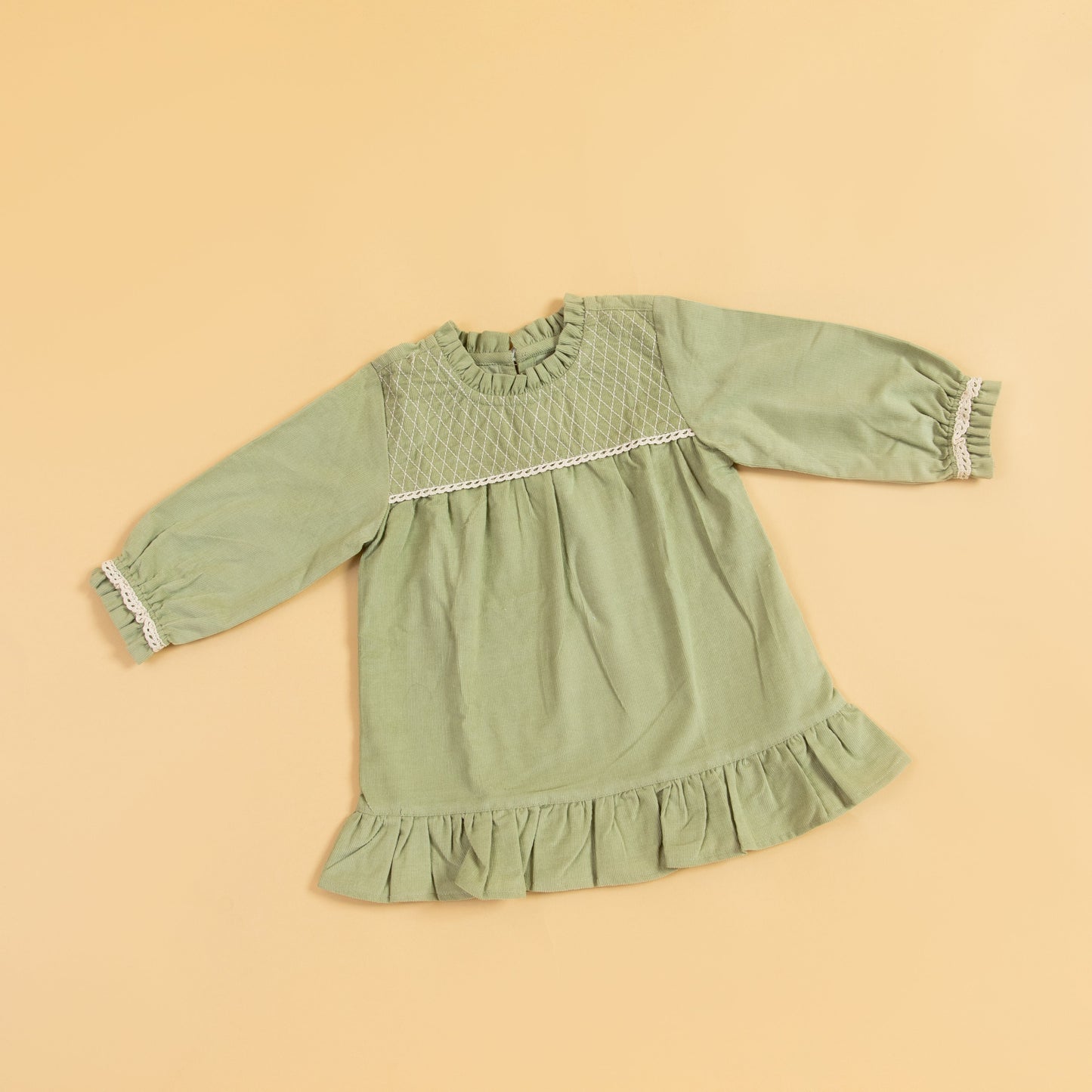 Stylera Green Girls Dress with Smocked Bodice and Ruffled Hem for Stylish Kids