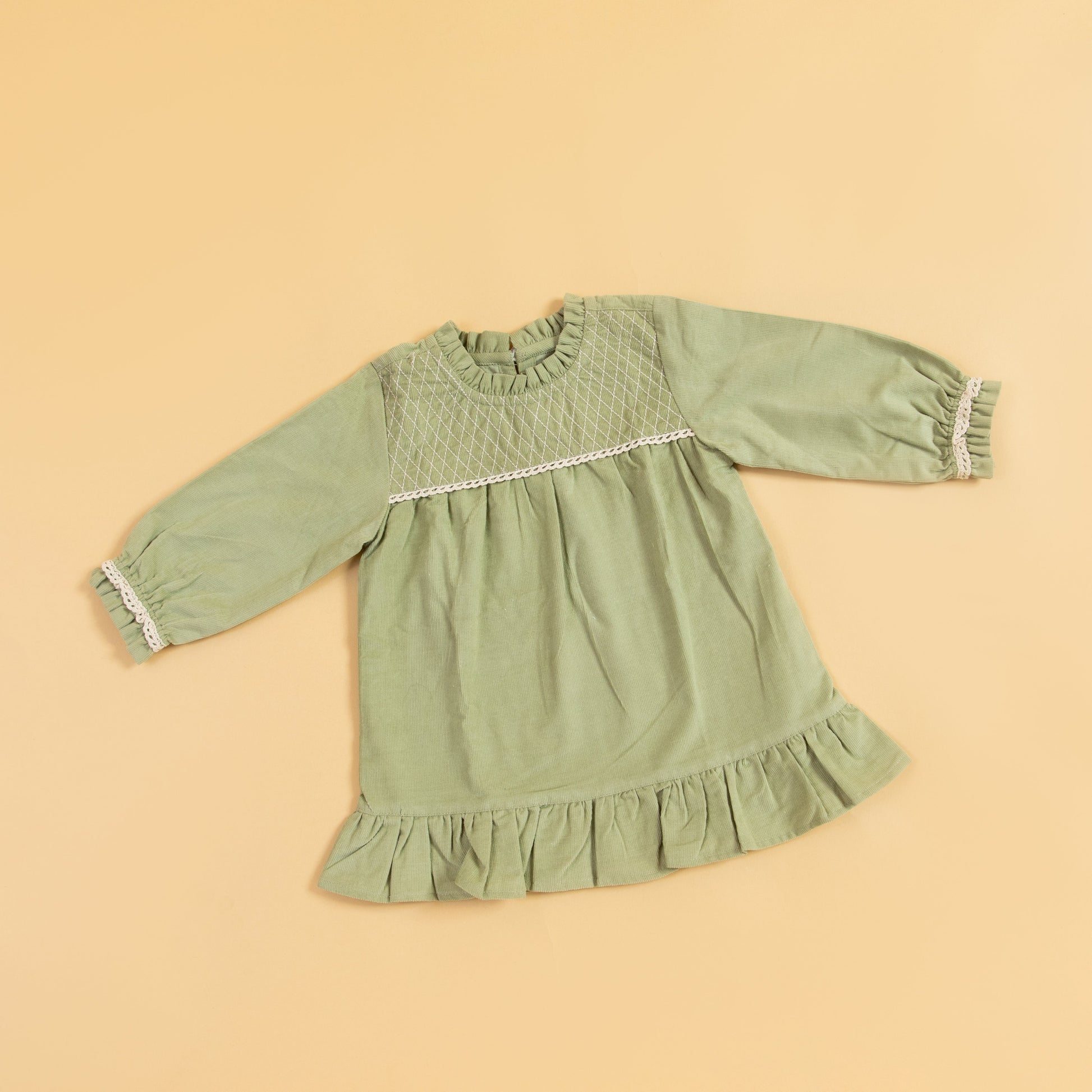 Stylera Green Girls Dress with Smocked Bodice and Ruffled Hem for Stylish Kids