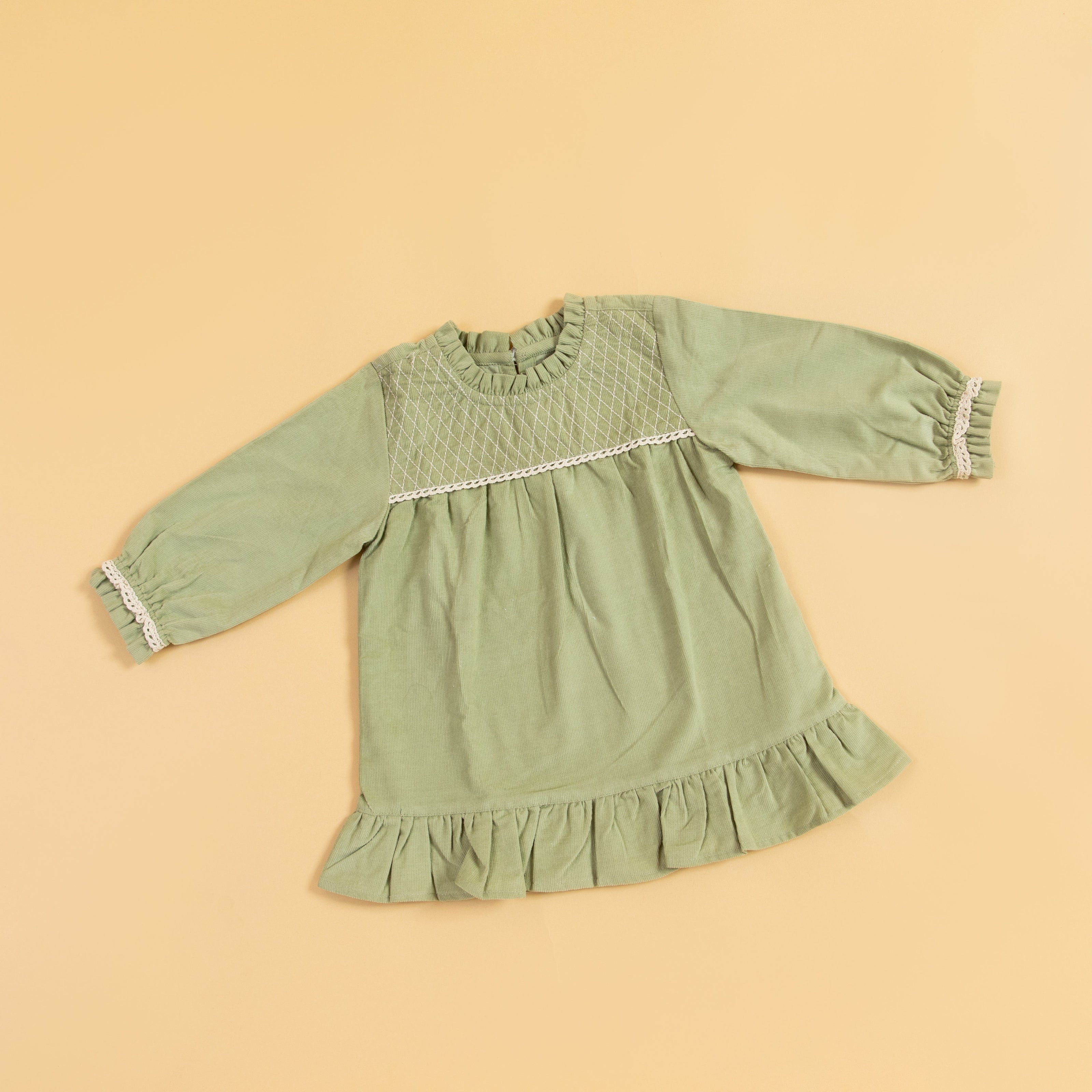 Stylera Green Girls Dress with Smocked Bodice and Ruffled Hem for Stylish Kids