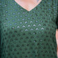 Close-up of green three piece suit for women with intricate floral cutwork design