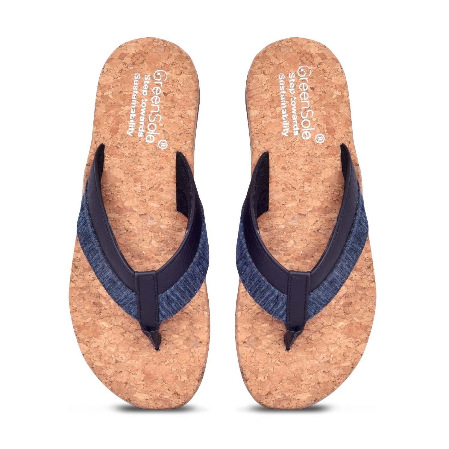 Eco friendly slippers for men and women with cork sole and navy straps by Stylera 